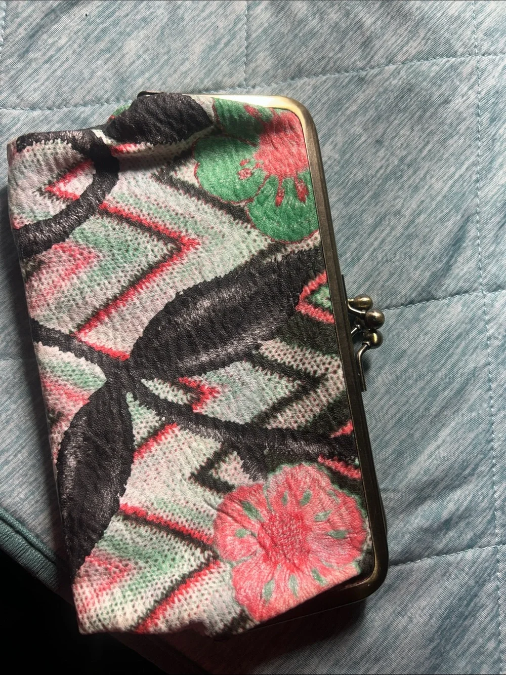 Floral Kiss-Lock Clutch Wallet in Pink, Green & Black